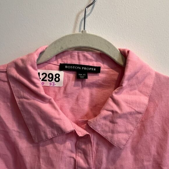 Boston Proper Pink Linen Button Up Blouse Women’s XS Tie Front Party Shower Long - Picture 7 of 12